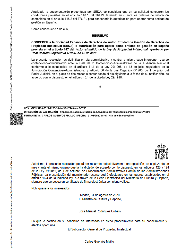 Licencia SEDA Licencia Otorgada a SEDA por el Ministerio de Cultura y Deporte el 31 de Agosto de 2020